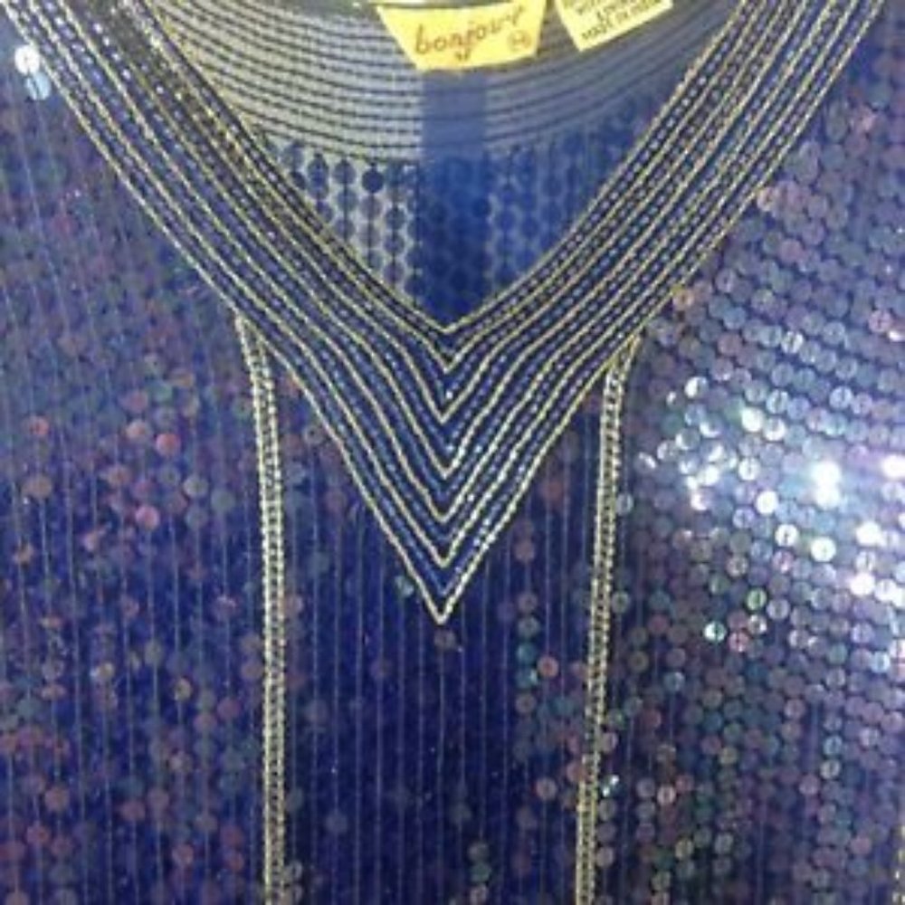 Bonjour‎ Vintage Skirt Suit Dress Womens Medium  Silk Sequin Formal Blue Silver